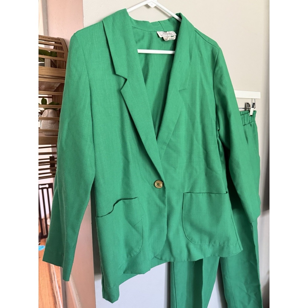 Worthington Suit Set Green Blazer & Pants 10 Petite Feminine Office Outfit USA - Picture 2 of 12